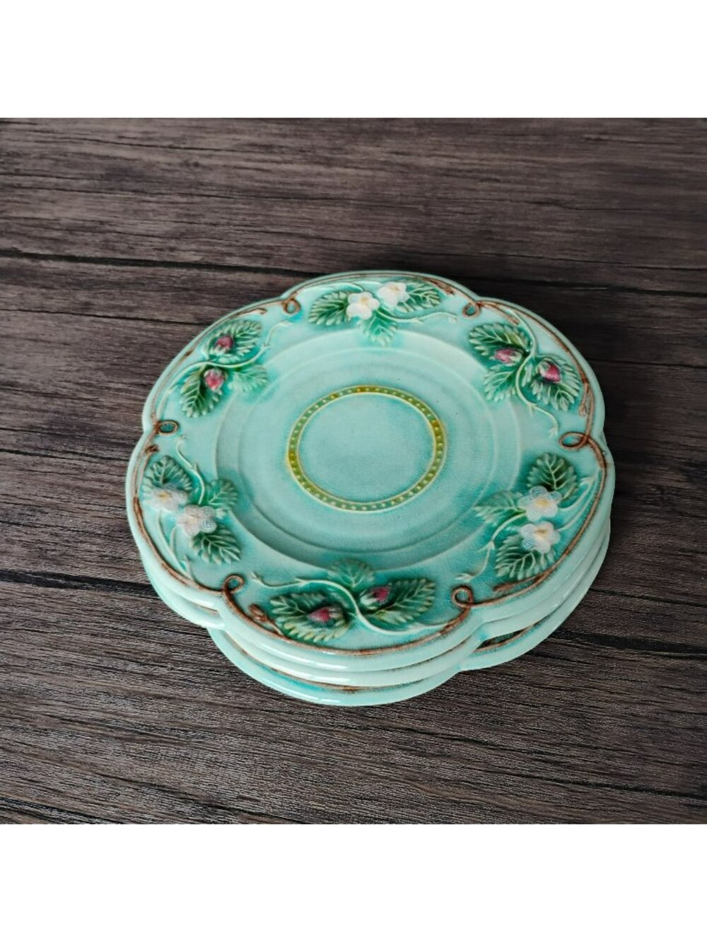 Set of 3 Antique French Majolica Strawberry Plates 8” FAS Faïencerie d'Art
